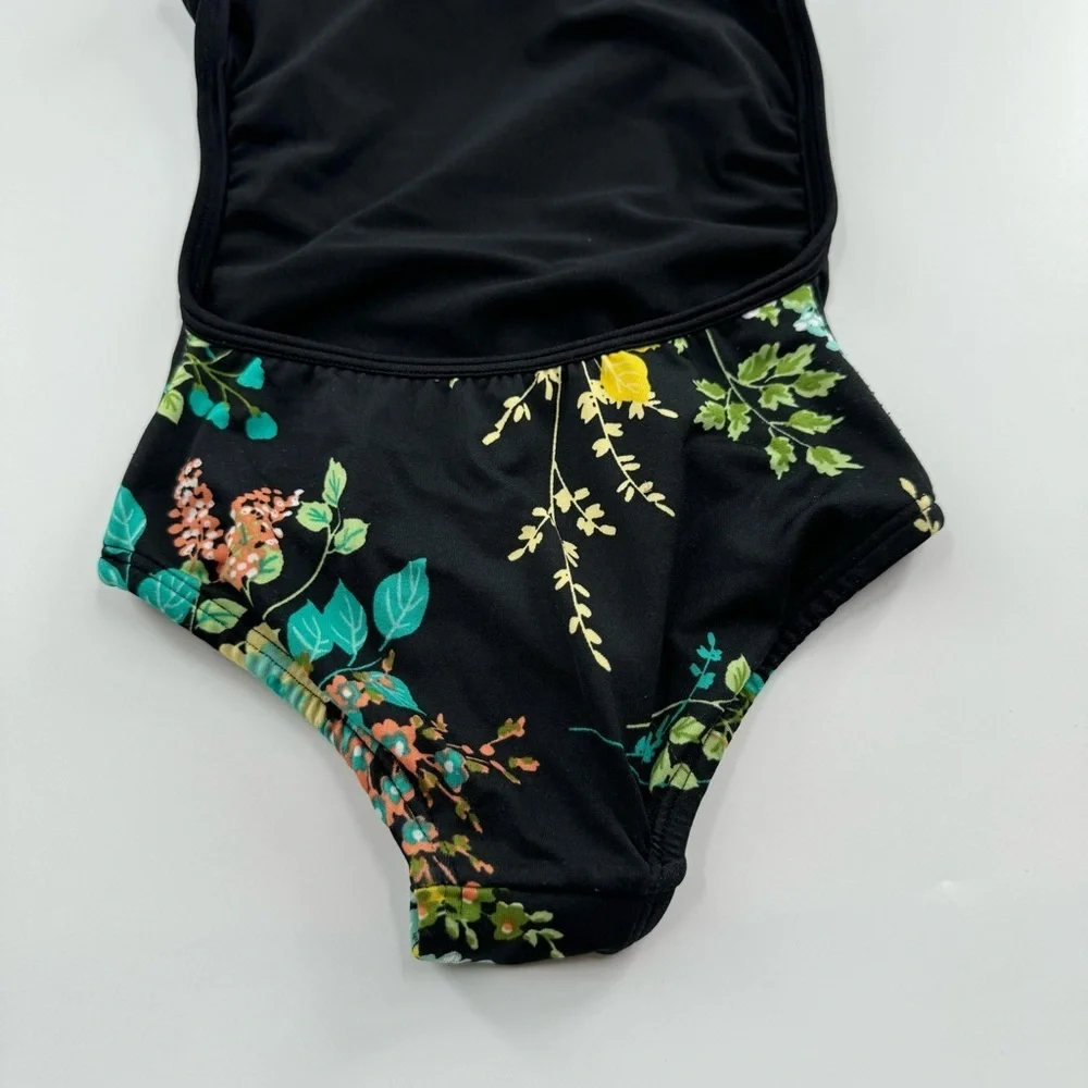 Chelsea B Dance Bodysuit – Child XS, Black w/ Floral Print, Mesh Neckline & Open